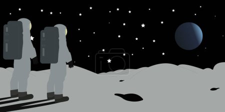 Illustration for Astronauts watching Earth on the moon. Space for your text. world space week. Pattern for web page, textile,  wallpaper, banner,poster, card. - Royalty Free Image