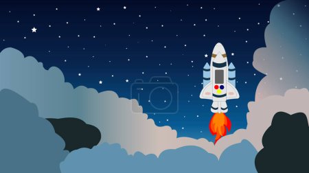 Illustration for Rocket launch to the Space. Cute space background with stars, rocket, clouds, smoke. Vector Illustration. World space week. - Royalty Free Image
