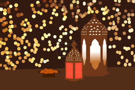 Iftar, ramadan banner with date palm and lantern, flat cartoon vector. Eid Mubarak, Ramadan Kareem food. Lanterns and date palm in front of light beams, vector illustration.