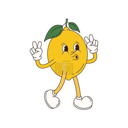 Juego de frutas de carácter de dibujos animados retro. Ilustración divertida del vector con plátano, cereza, limón, fresa, sandía