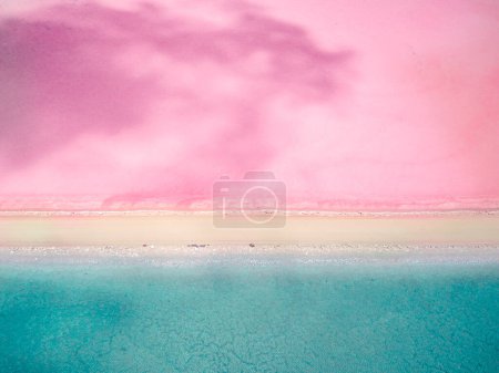 Foto de Lake McDonnell foto de drones de arriba hacia abajo. Lago rosa y verde con camino de tierra. - Imagen libre de derechos