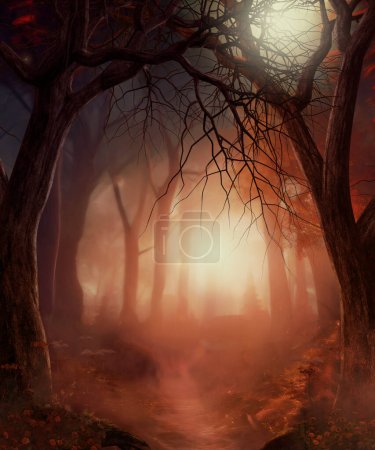 Beautiful enchanting foot path through a fairy tale misty Autumn woodland, 3d render.