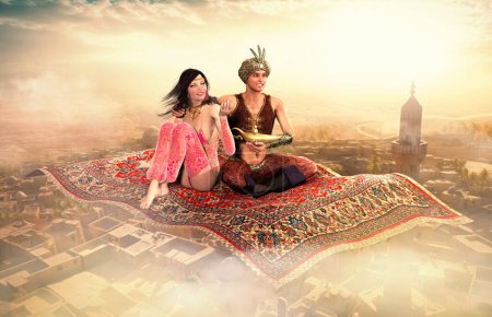 Photo for Take a magical ride with Aladdin and his beautiful princess on an enchanted flying carpet ride above the clouds, 3d render. - Royalty Free Image