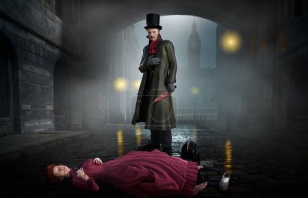 Foto de En las tenues calles iluminadas del Londres victoriano, el famoso Jack el Destripador se para sobre su última víctima, una mujer indefensa, mientras su amenazante presencia se cierne sobre su cuerpo sin vida, en 3D. - Imagen libre de derechos