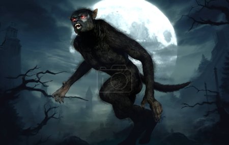Photo for Fantasy hungry werewolf 3D render with moonlit forest background - Royalty Free Image