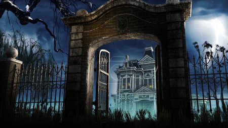 Whispers in the Storm: A haunting gate through which we see an old Victorian house in a thunderstorm, 3d render.