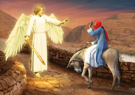 Balaam and his donkey encounter the Angel of the Lord, 3d render.