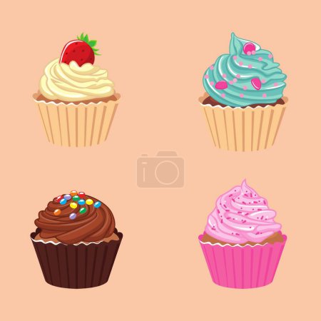 Photo for Yellow ice cream with strawberry, blue cupcake, chocolate, pink cupcake with pink background. - Royalty Free Image