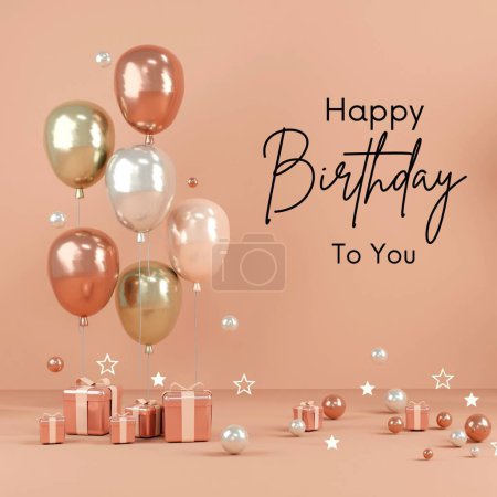Photo for Happy birthday greeting card with balloons and gifts on color background, brown balloons, brown birthday design, colorful balloons - Royalty Free Image