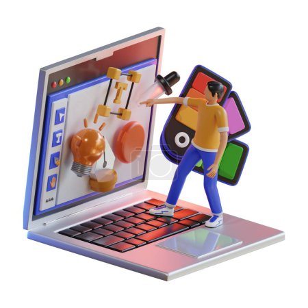 Téléchargez les photos : Achats en ligne avec carte de crédit, ordinateur avec panier et illustration 3D, icône de l'ordinateur portable 3d - en image libre de droit