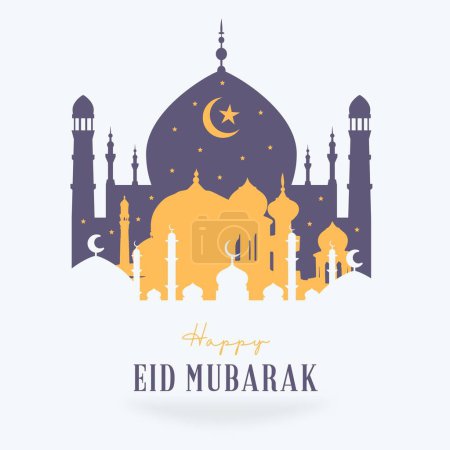 Eid Mubarak, Beautiful Mosque Design - Happy Eid, Eid Mubarak Greeting Gold Glitter Particles. Ramadan Candle Lantern with Wooden Prayer Beads and Dates. "Eid Mubarak" means Blessed Festival.