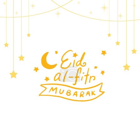 Eid amarillo brillante Mubarak lengua árabe caligrafía con lámparas colgantes de estilo lineal, estrellas y banderas de bunting sobre fondo púrpura. Festival Islámico Diseño de Tarjetas de Saludo.