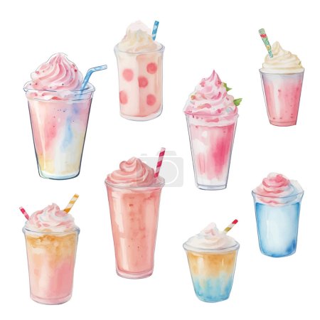 Hand drawn watercolor illustration of milkshakes. Isolated on white background.