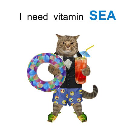 Photo for A beige cat holds a glass of cocktail and a swim ring. I need vitamin sea. White background. Isolated. - Royalty Free Image