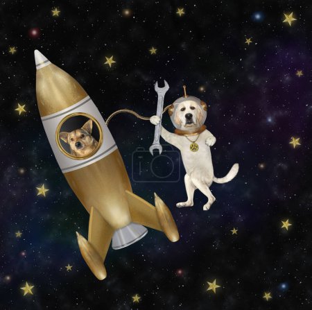 Photo for A dog labrador astronaut space mechanic is fixing a rocket in outer space against the background of stars. - Royalty Free Image