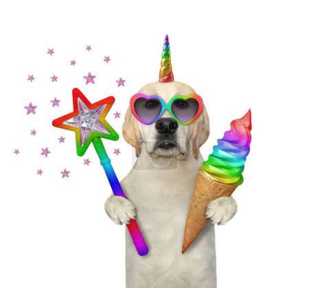 A dog labrador unicorn in glasses is holding a magic wand and rainbow ice cream. White background. Isolated.