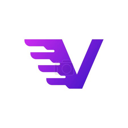 Illustration for Fast Shipping Initial Letter V Delivery Logo. Purple Gradient Shape with Geometric Wings Combination. - Royalty Free Image
