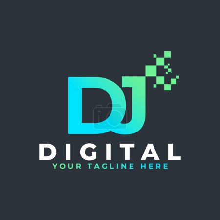 Tech Letter DJ Logo. Blaue und grüne geometrische Form mit quadratischen Pixelpunkten. Verwendbar für Firmen- und Technologielogos. Design Ideen Template Element.