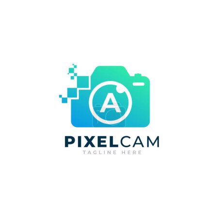Téléchargez les illustrations : Lettre A Intérieur Appareil Photo Pixel Technology Logo Design Template - en licence libre de droit