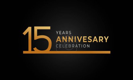 Ilustración de Logotipo de celebración de aniversario de 15 años con una sola línea de color dorado y plateado para eventos de celebración, bodas, tarjetas de felicitación e invitaciones aisladas sobre fondo negro - Imagen libre de derechos