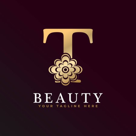 Elegant T Luxury Logo. Golden Floral Alphabet Logo with Flowers Leaves. Perfect for Fashion, Jewelry, Beauty Salon, Cosmetics, Spa, Boutique, Wedding, Letter Stamp, Hotel and Restaurant Logo.