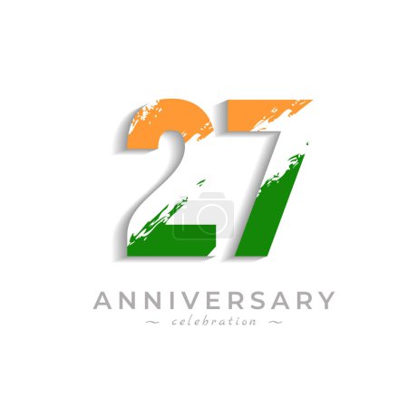 Illustration for 27 Year Anniversary Celebration with Brush White Slash in Yellow Saffron and Green Indian Flag Color. Happy Anniversary Greeting Celebrates Event Isolated on White Background - Royalty Free Image