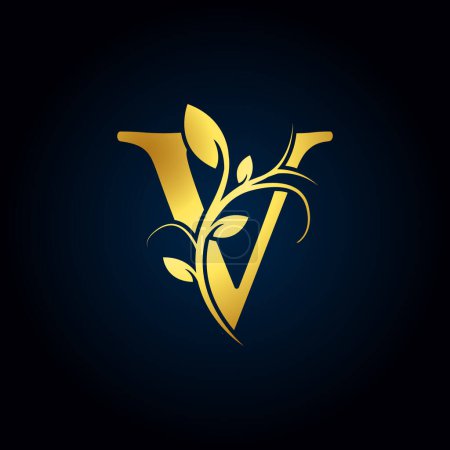 Ilustración de Logotipo de lujo elegante V. Logo del alfabeto floral dorado con hojas de flores. Perfecto para Moda, Joyería, Salón de Belleza, Cosméticos, Spa, Boutique, Boda, Sello de Letras, Hotel y Restaurante Logo. - Imagen libre de derechos