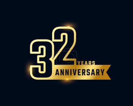 32 Year Anniversary Celebration with Shiny Outline Number Golden Color for Celebration Event, Wedding, Greeting card, and Invitation Isolated on Dark Background