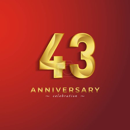 Illustration for 43 Year Anniversary Celebration with Golden Shiny Color for Celebration Event, Wedding, Greeting card, and Invitation Card Isolated on Red Background - Royalty Free Image