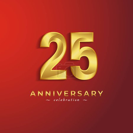 Ilustración de Celebración del 25 Aniversario con Color Brillante Dorado para el Evento de Celebración, Boda, Tarjeta de Saludo y Tarjeta de Invitación Aislada en Fondo Rojo - Imagen libre de derechos