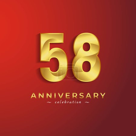 58 Year Anniversary Celebration with Golden Shiny Color for Celebration Event, Wedding, Greeting card, and Invitation Card Isolated on Red Background