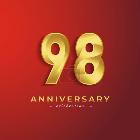 Illustration for 98 Year Anniversary Celebration with Golden Shiny Color for Celebration Event, Wedding, Greeting card, and Invitation Card Isolated on Red Background - Royalty Free Image