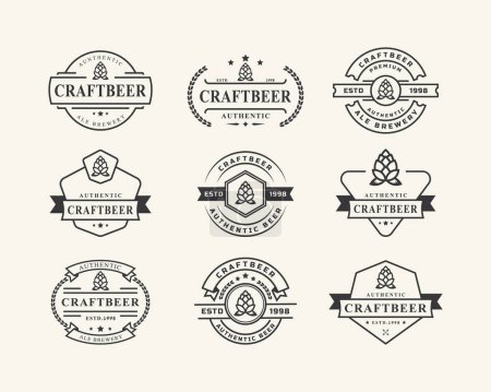Ilustración de Conjunto de insignia retro vintage para lúpulo Cerveza artesanal Cervecería Logotipo Diseño Plantilla Elemento - Imagen libre de derechos