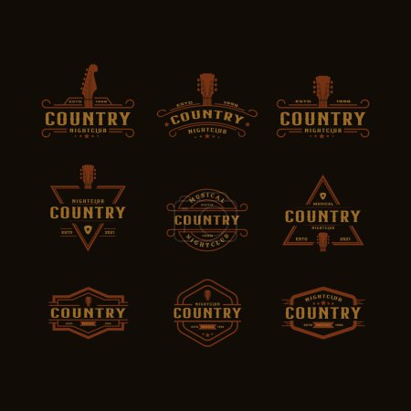 Set klassischer Vintage Retro Etikettenabzeichen für Country Guitar Music Western Saloon Bar Cowboy Logo Design-Vorlage