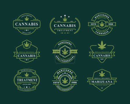 Set of Vintage Retro Badge for Marijuana Cannabis Hemp Pot Leaf THC CBD Health and Medical Therapy Logo Emblem Design Symbol
