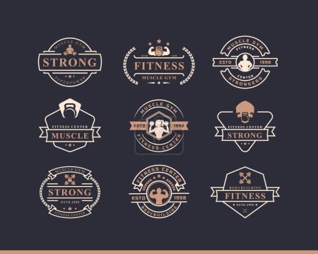 Illustration for Set of Vintage Retro Badge Fitness Center and Sport Gym Logos typographic with Sport Equipment Signs and Silhouettes - Royalty Free Image