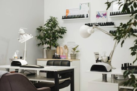 Photo for Manicure salon. Nail polish for manicure locating on long shelves in green beauty salon. Cozy plants standing near bottles. Copy space, beauty salon interior - Royalty Free Image
