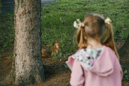 Foto de Un niño mirando ardillas en el parque. Chica de atrás, animal esperando comida. Observación de la naturaleza y actividades para niños. Ardilla curiosa en el árbol - Imagen libre de derechos