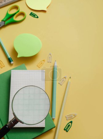 Photo for Find idea flat lay in creative, designer work. Office or school getting ready desk, top view with copy space. Learning, education concept with blank notes, pencils, pens, clips, letters, notepad - Royalty Free Image