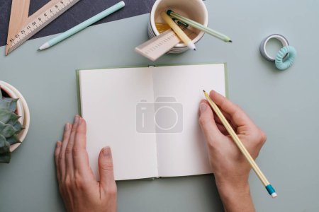 Photo for Study, education, learning at school concept on desk with notebook copy space. Working table for creative writing, Trendy flat lay with pencils, alphabet, note blank, scheduler, planner, plant - Royalty Free Image