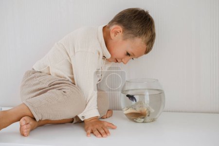 Foto de Chico mirando pecera. Lindo niño alimentando a los peces en el acuario en la mesa en casa - Imagen libre de derechos