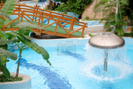 Foto de Fuente de agua en el parque acuático. Fuente en forma de hongo en parque de aventura cubierto lleno de palmeras verdes con puente y piscinas, bañeras de hidromasaje cubiertas - Imagen libre de derechos