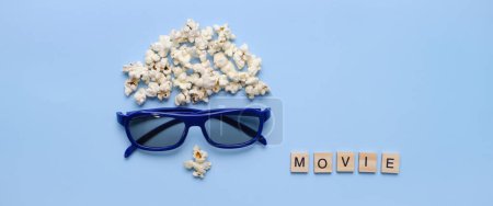 Photo for Banner Pop Corn man face on blue background. Movie at cinema concept. Top view flat lay with copy space. 3D eye glasses for romantic movie for couple. - Royalty Free Image