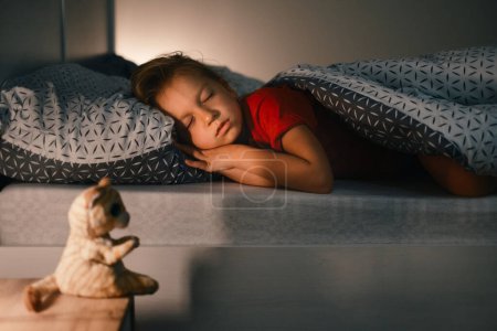 Photo for Child sleeping at night. Comfortable bed for kids. Toddler girl sleeping tight, fast falling asleep, healthy habits and comfortable bedding - Royalty Free Image