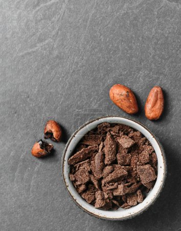 Kakaobohnen auf grauem Betongrund. Roh fermentiert. Bio-Kakaosamen für heiße Schokolade. Flache Lage, Kopierraum für Speisen und Getränke Rezept. Gesunde Federn