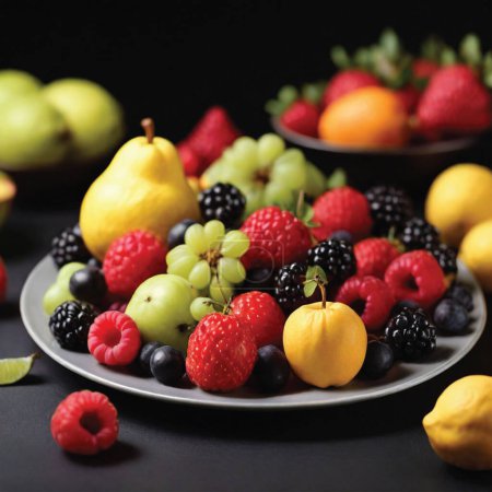 Foto de Frutas frescas sobre un plato fondo negro - Imagen libre de derechos