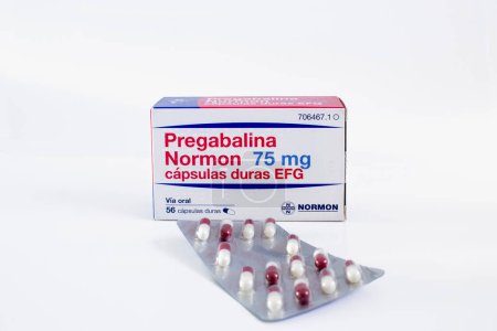 Photo for Pregabalina, 75 mg., medicine for the treatment of generalized anxiety disorder, neuropathic pain and epilepsy. Palafolls, Barcelona, Spain; 04 07 2023 - Royalty Free Image