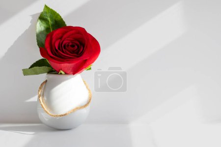 Téléchargez les photos : Rose rouge dans un petit vase blanc sur fond blanc avec lever de soleil passant par la fenêtre - en image libre de droit