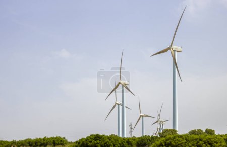 Photo for Albacete, Castilla-La mancha, Spain; 07 24 2023: wind energy windmills, wind turbines in the lands of Albacete. - Royalty Free Image