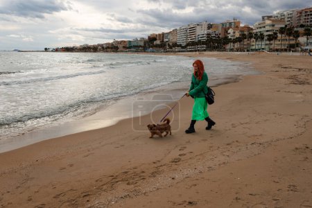Meereslandschaft mit einer Dame im grünen Gewand, die den Hund Nami am Strand von Villajoyosa, Spanien, ausführt